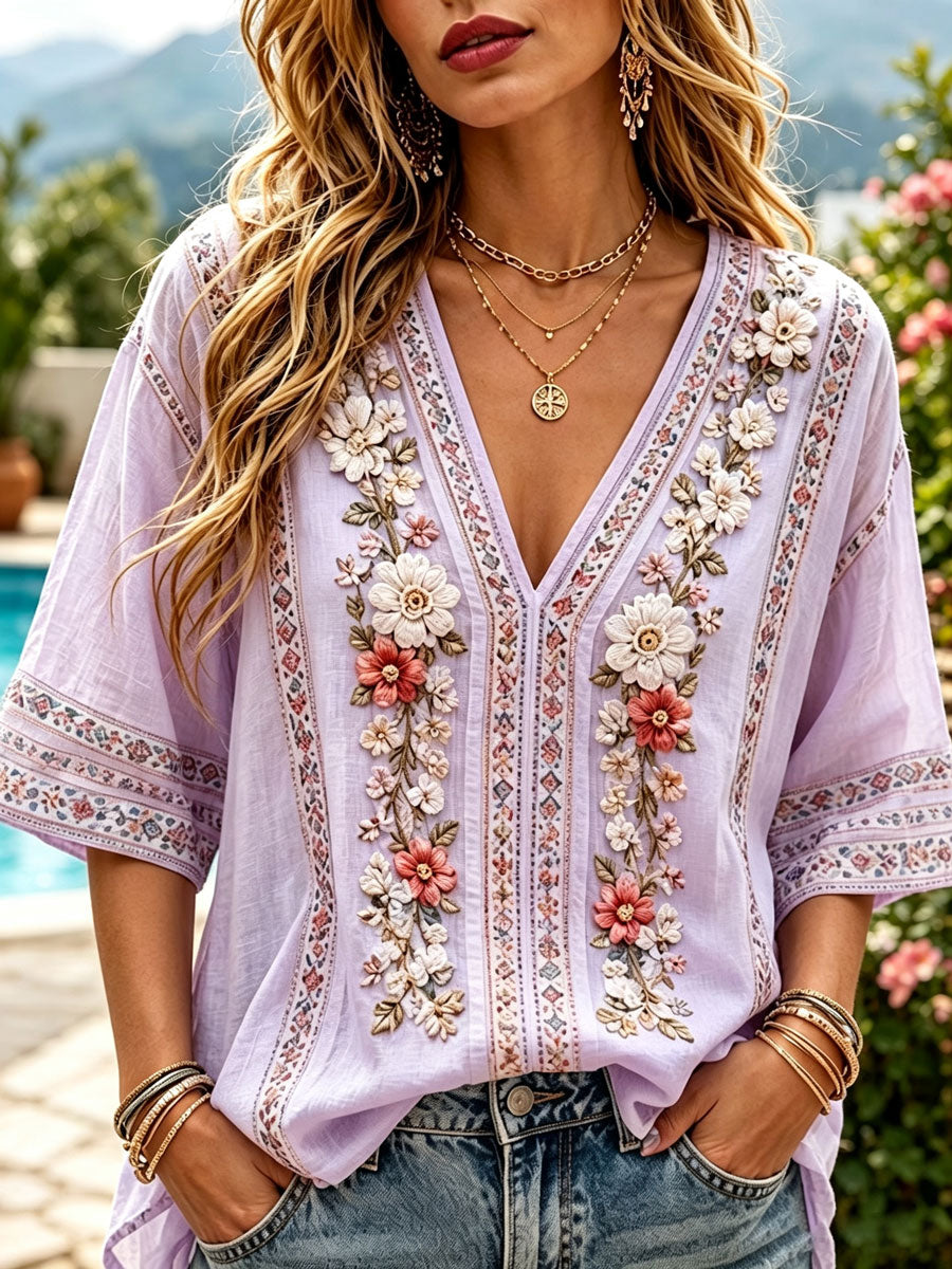 Women's cotton linen flower V-neck short sleeved shirt