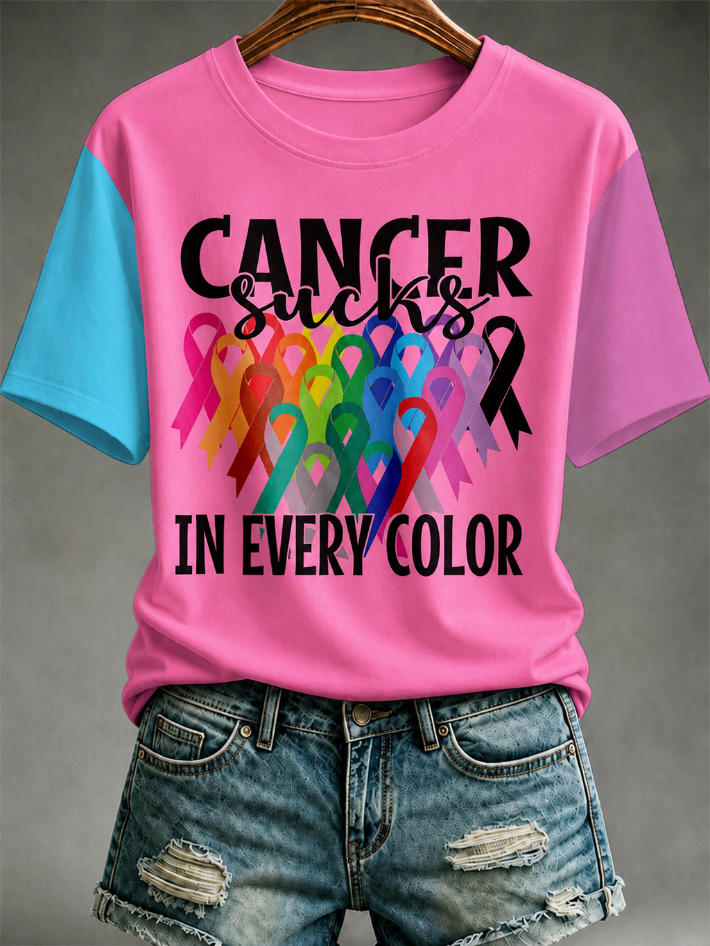 Women All Cancer Ribbons Awareness T-Shirt Cancer Sucks Print