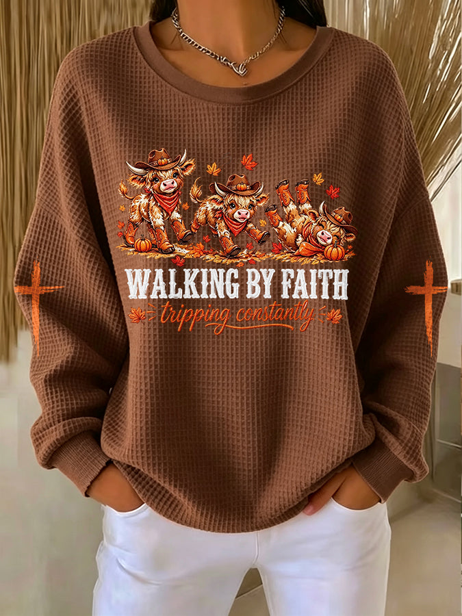 Women'S Walking by Faith Tripping Constantly Printed Waffle Sweatshirt