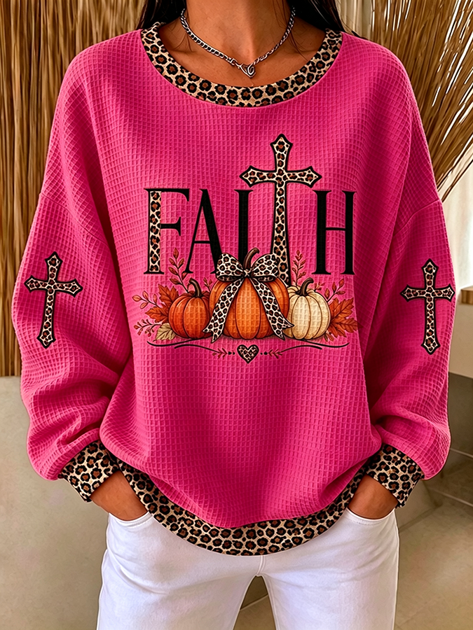 Women'S Faith Cross Printed Casual Waffle Sweatshirt
