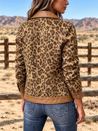 Women's Bold Leopard Denim Patchwork Leather Trim Print Trucker Jacket