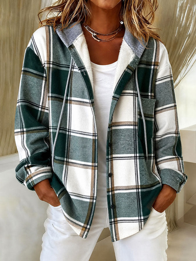 Women'S Large Checkered Autumn And Winter Hooded Jacket