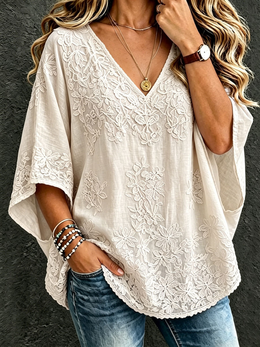 Women'S Cotton And Linen Floral Casual Vacation Top