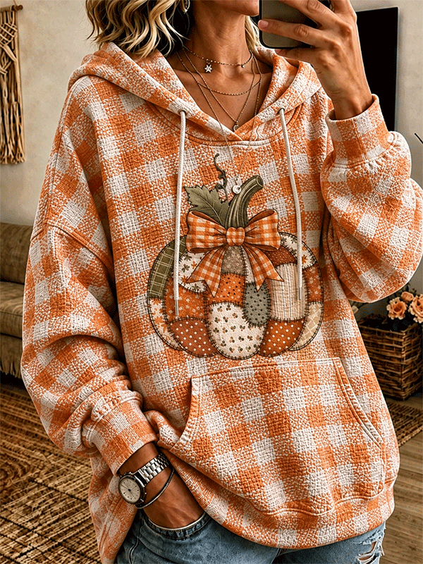 Women's Plaid Patchwork Pumpkin Bow Hoodie