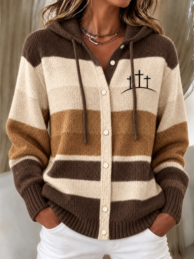Women'S Faith Print Casual Knitt Hooded Cardigan