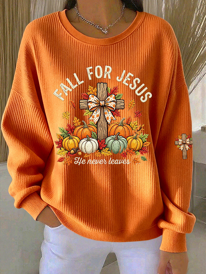 Women'S Fall For Jesus Print Casual Sweatshirt