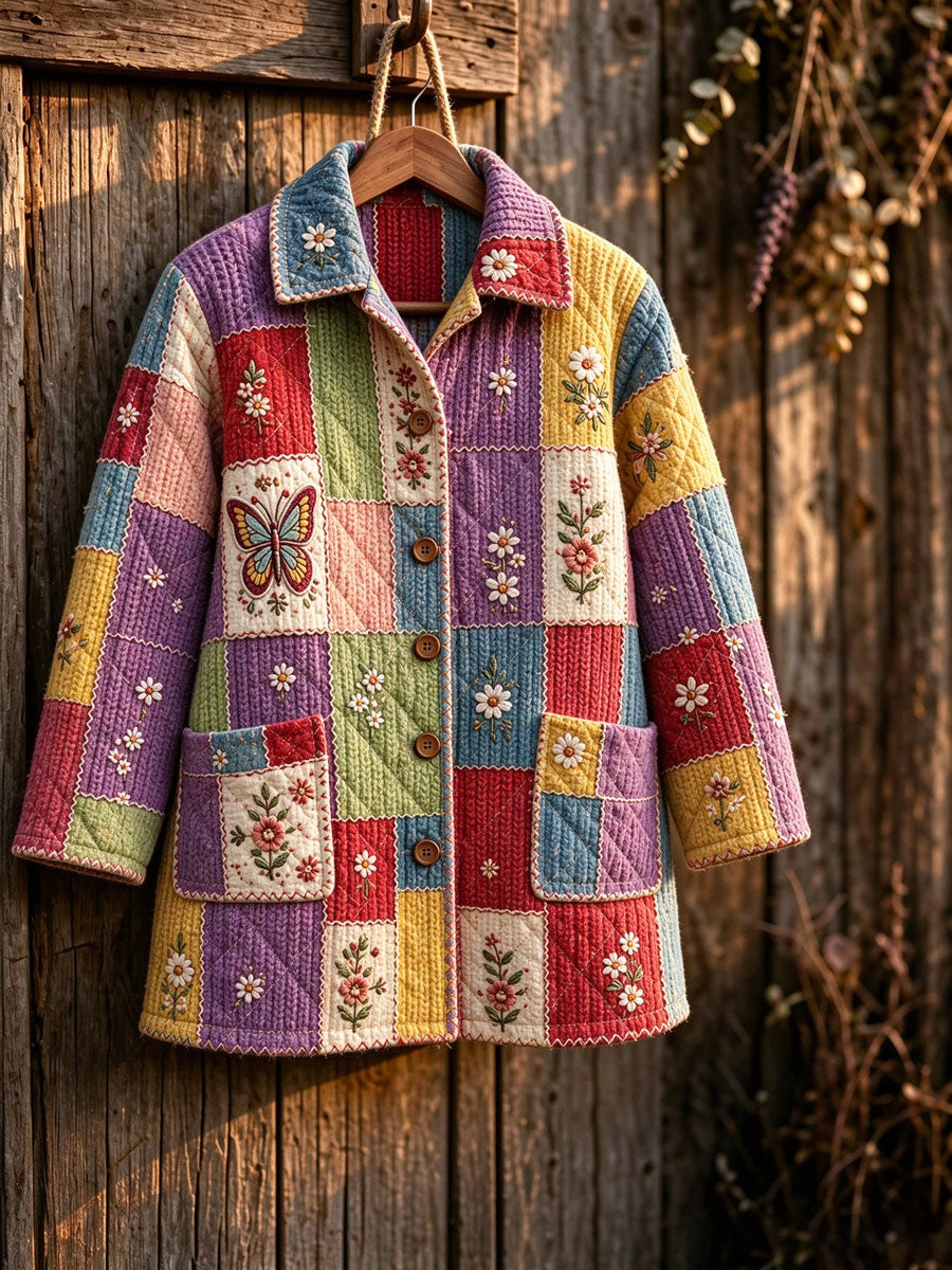 Women'S Butterfly Stitched Spliced Printed Button Cotton Jacket
