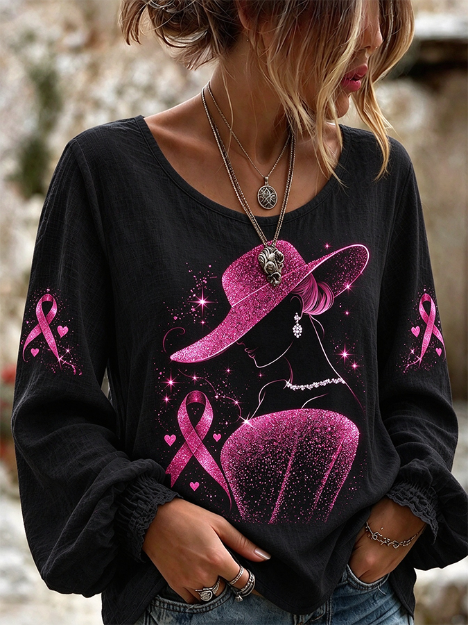 Women'S Breast Cancer Witch Printed Long Sleeved Shirt