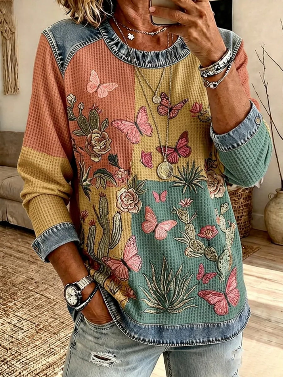 Women'S Retro Floral & Butterfly Pattern Casual Long Sleeve Top