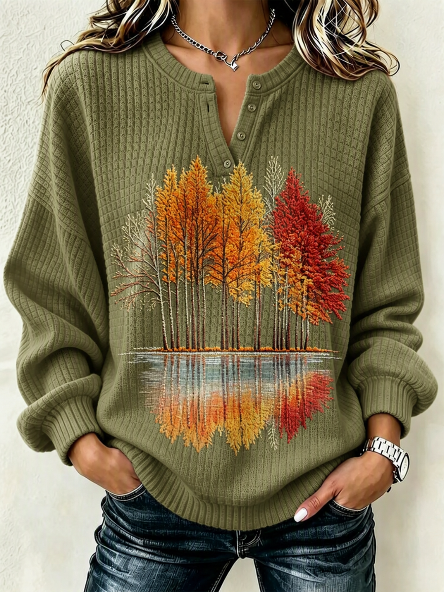 Women's Fall Casual Printed Loose-Fit Henley Shirt
