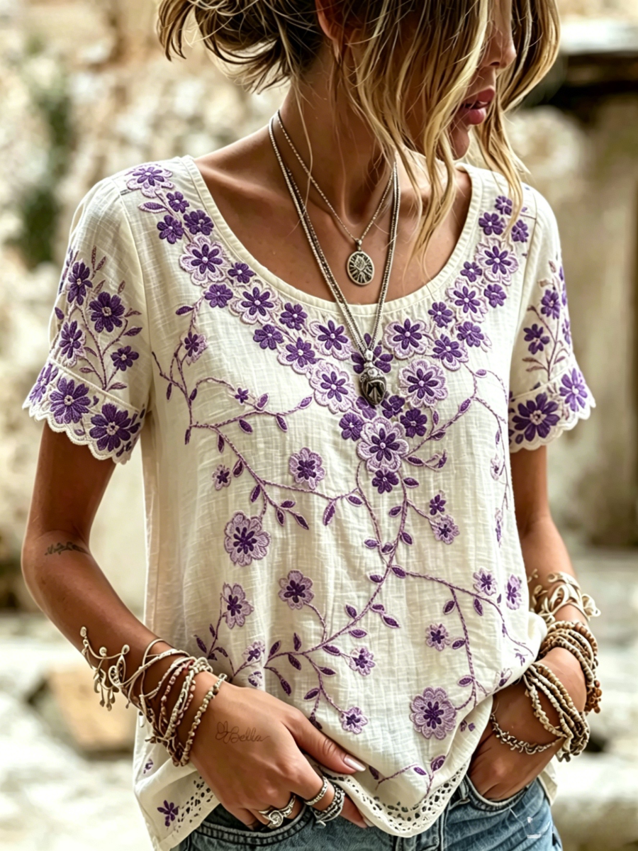 Women's Retro Floral Pattern Casual T-shirt