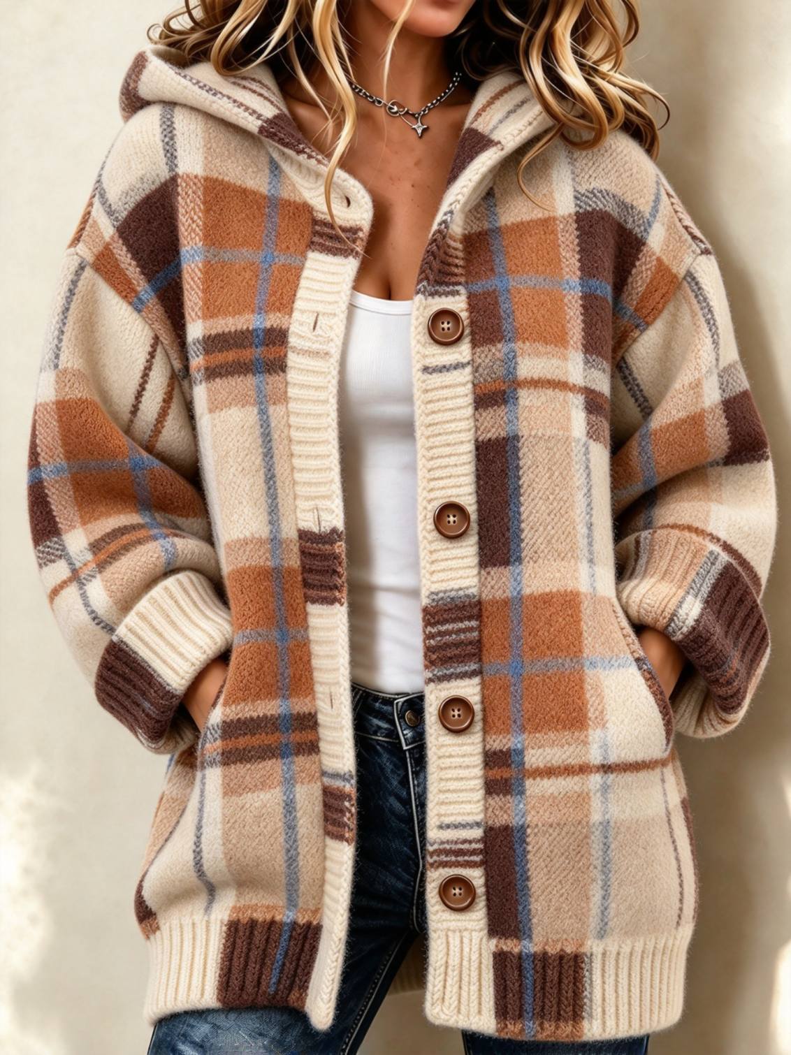 Women's Retro Plaid Hooded Button Knit Cardigan