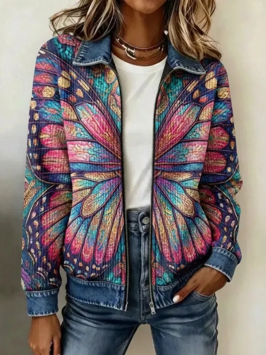 Women's Butterfly-Themed Knit Zipper Jacket