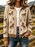Women'S Retro Western Horse Pattern Knitted Zipper Cardigan