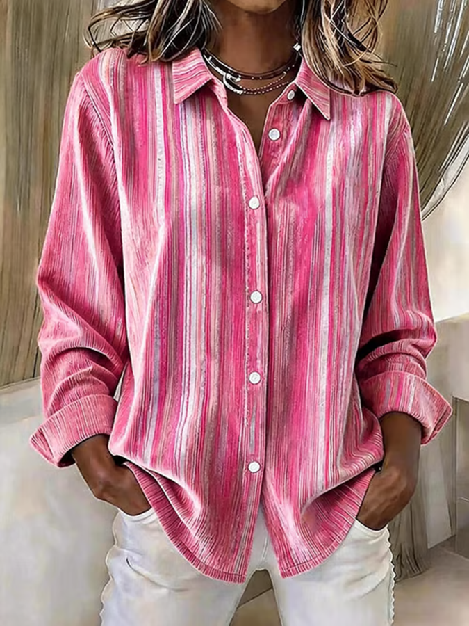 Women's Pink striped Print Lapel Long Sleeve Shirt