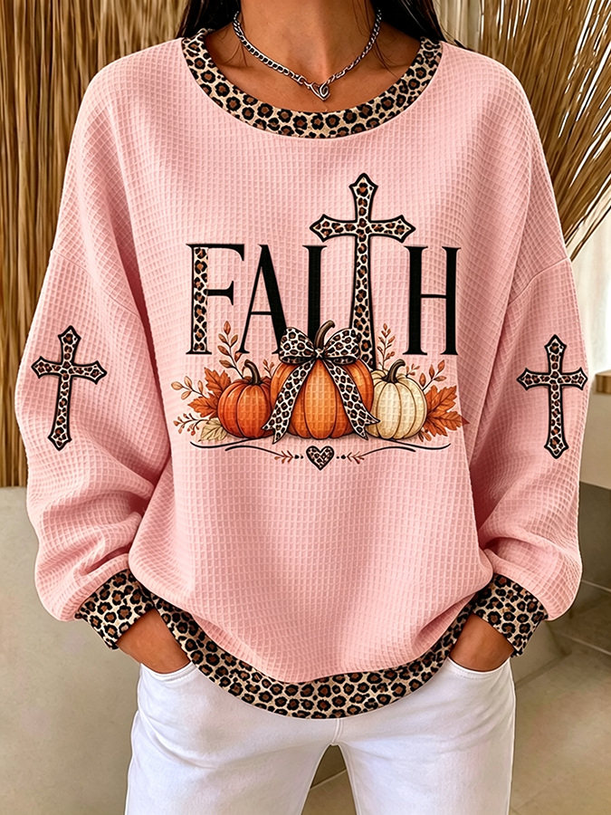 Women'S Faith Cross Printed Casual Waffle Sweatshirt
