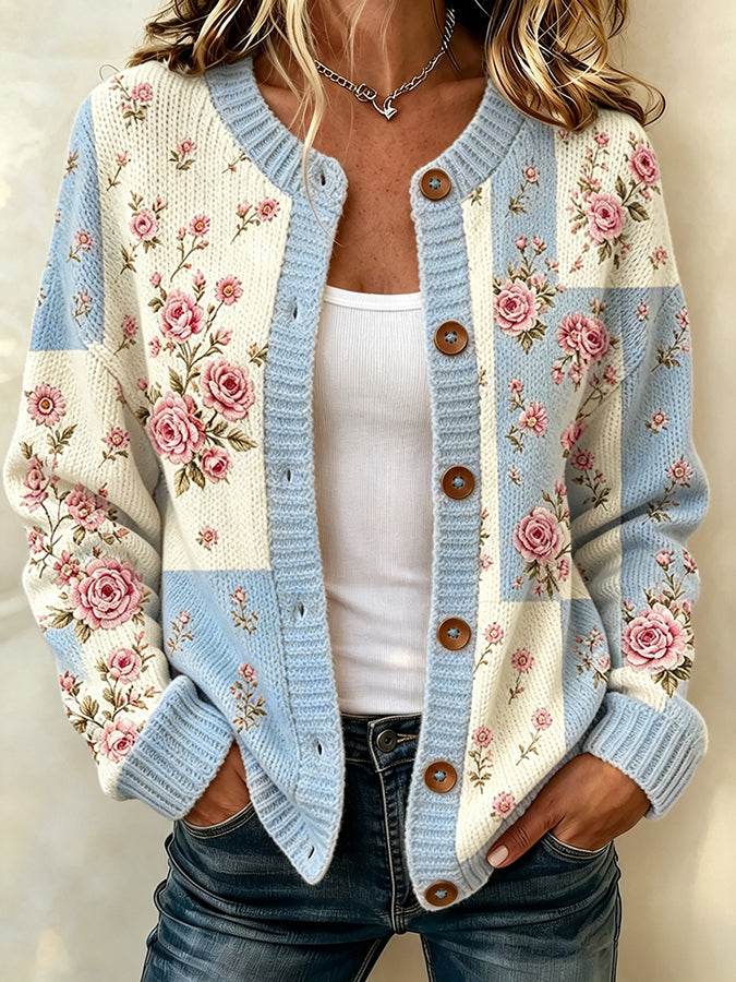 Women's Floral Embroidery Patchwork Knit Cardigan