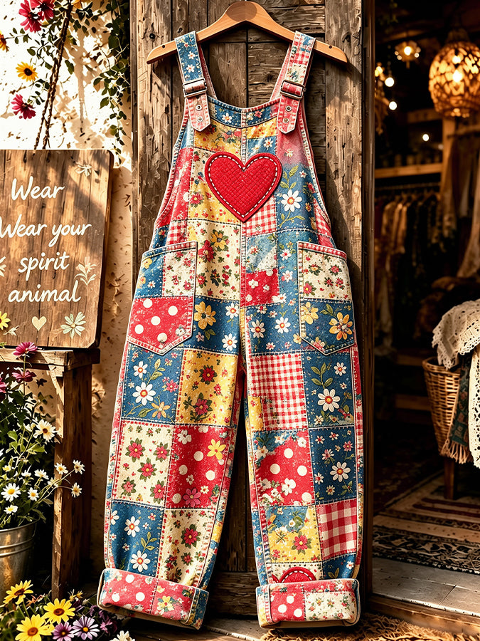 Women's Floral Print Faux-Denim Jumpsuit