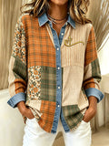 Women'S Contrasting Printed Lapel Long Sleeved Shirt