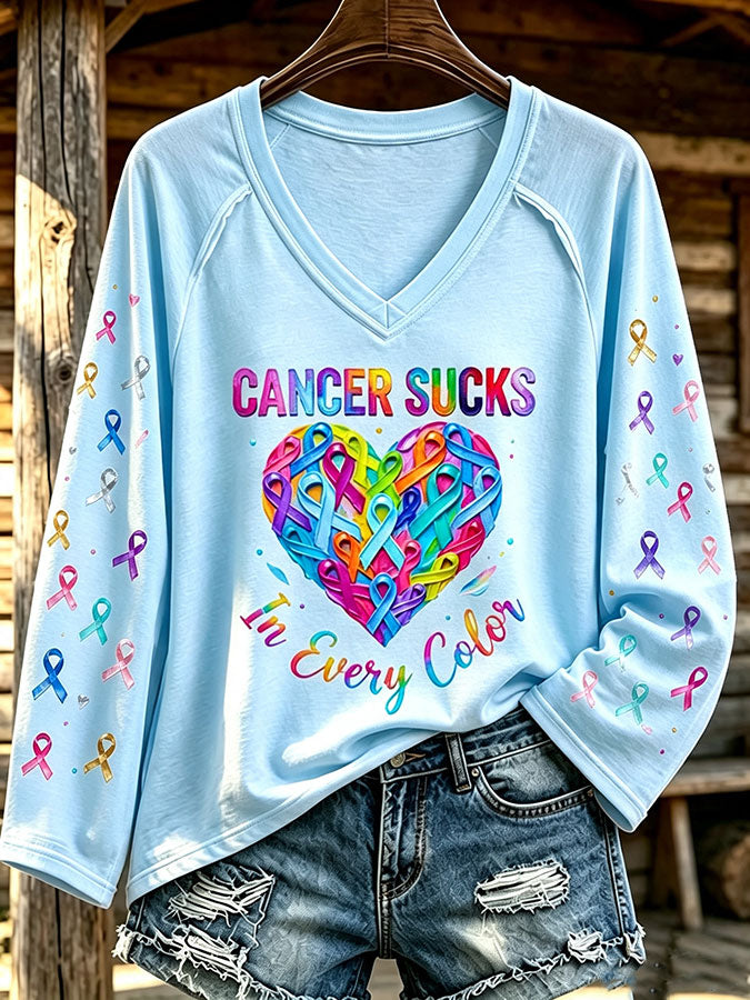 Women'S Cancer Sucks In All Color Printed Long Sleeve T-Shirt
