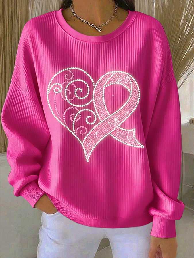 Women'S Rhinestone Breast Cancer Heart Ribbon  Print Casual Texture Sportswear
