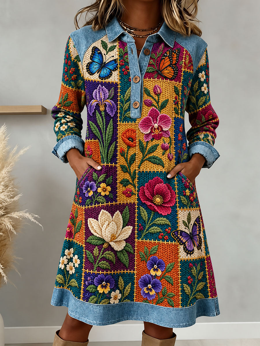 Women's Patchwork Art Button Collar Dress