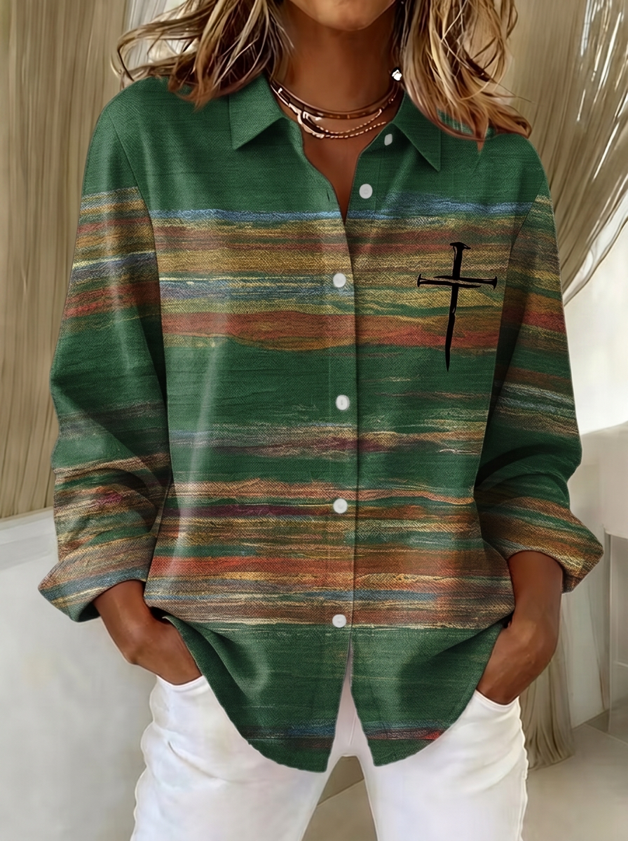 Women's Autumn Faith Cross Striped Printed Button-up Shirt