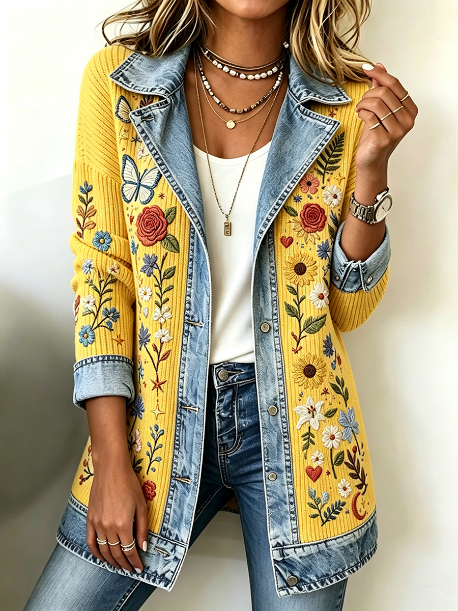 Women's Patchwork Art Denim Collar Jacket