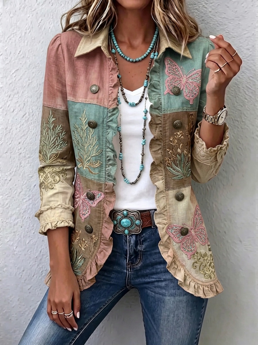 Women'S Vintage Butterfly & Floral Art Print Casual Ruffled Shirt Jacket