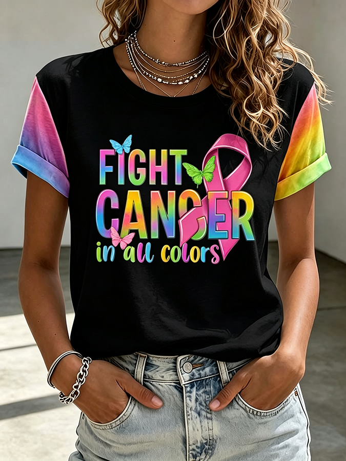 Women'S Pink FIGHT CANCER In All Colors Art Printed Casual T-Shirt