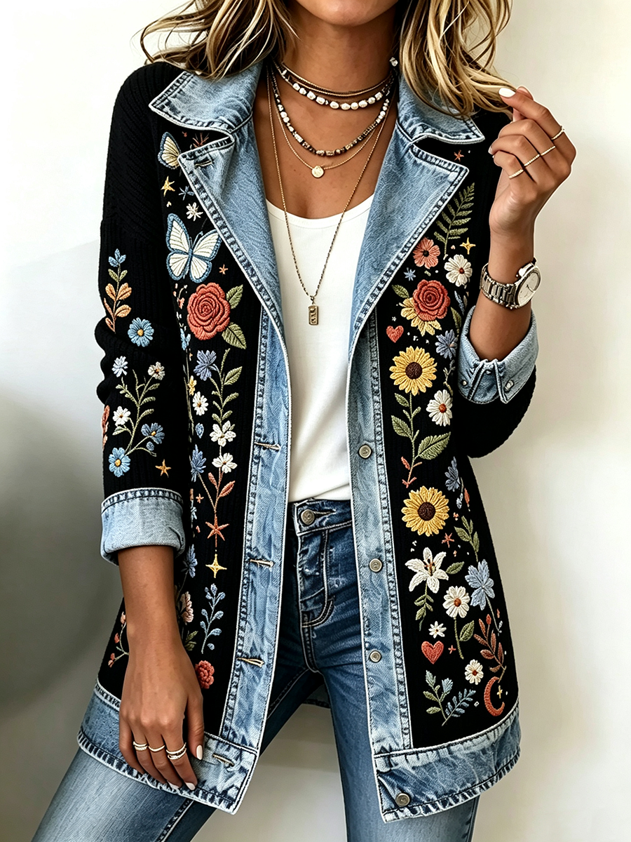 Women's Patchwork Art Denim Collar Jacket