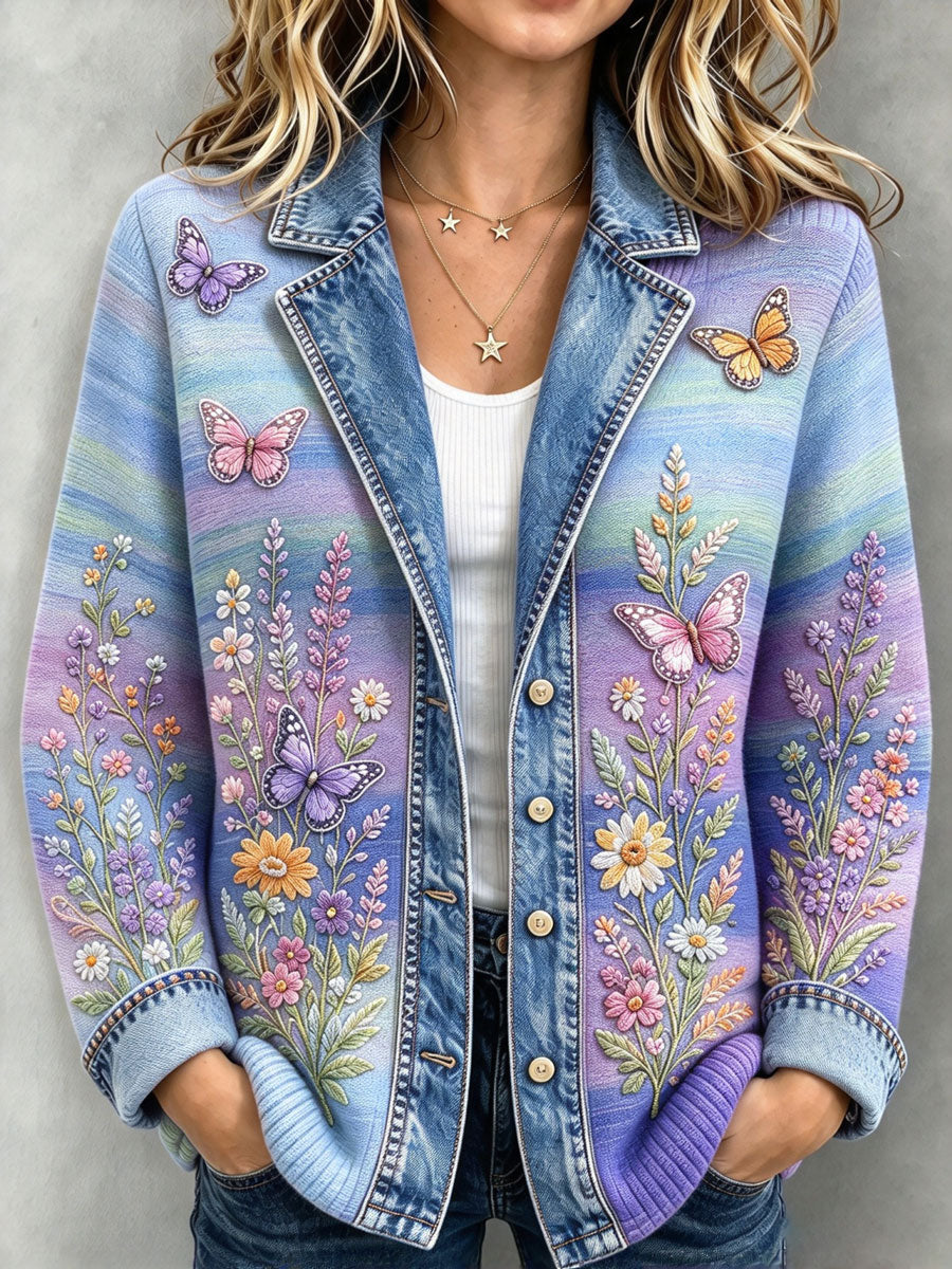 Ladies' Butterfly Flower Pattern Casual Coat