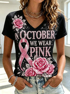 Women'S Breast Cancer Ribbon Printed V-Neck T-Shirt