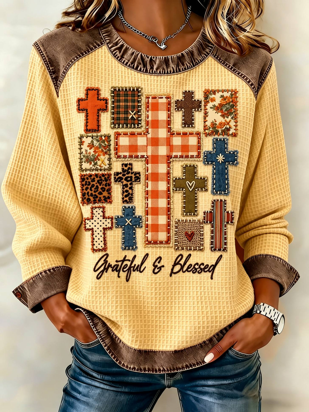Women's Grateful&Blessed Patchwork Cross Knit Sweatshirt