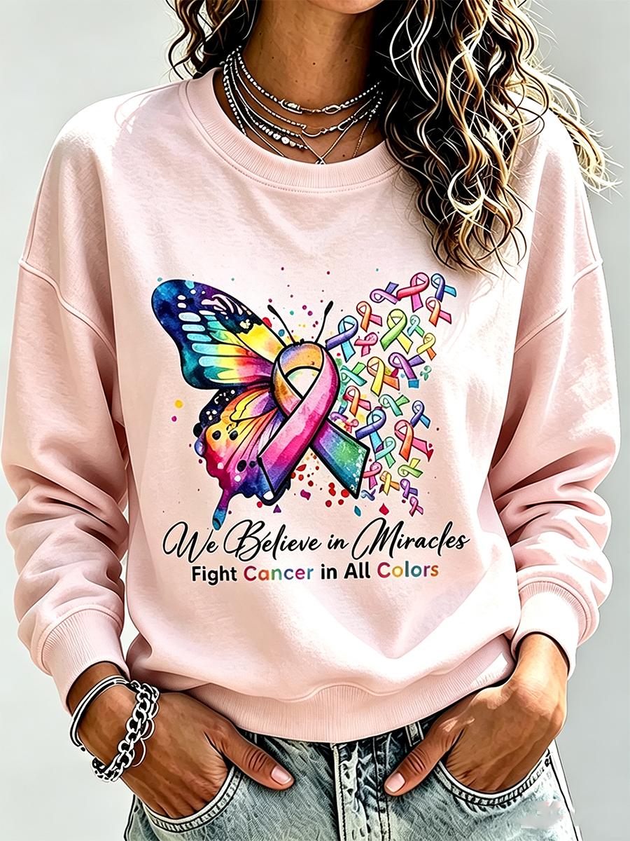 Women'S Casual Cancer Promotion Month Multi Color Round Neck Top