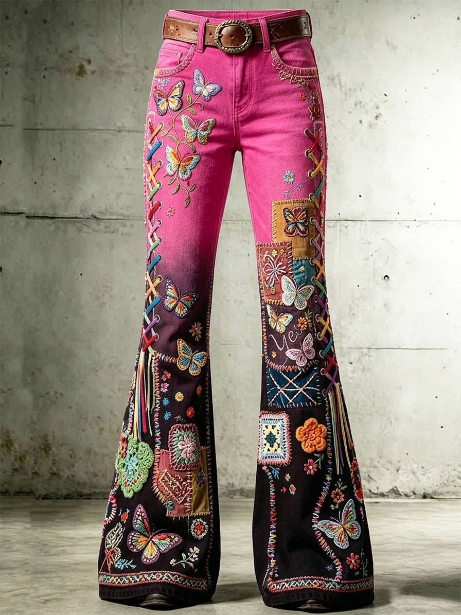 Women's Pink Art Print Flared Trousers