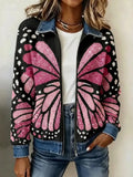 Women's Butterfly-Themed Knit Zipper Jacket