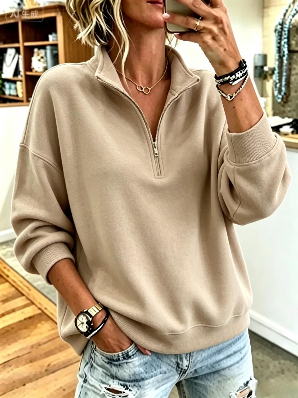 Women's Casual Stand Collar Plain Sweatshirt