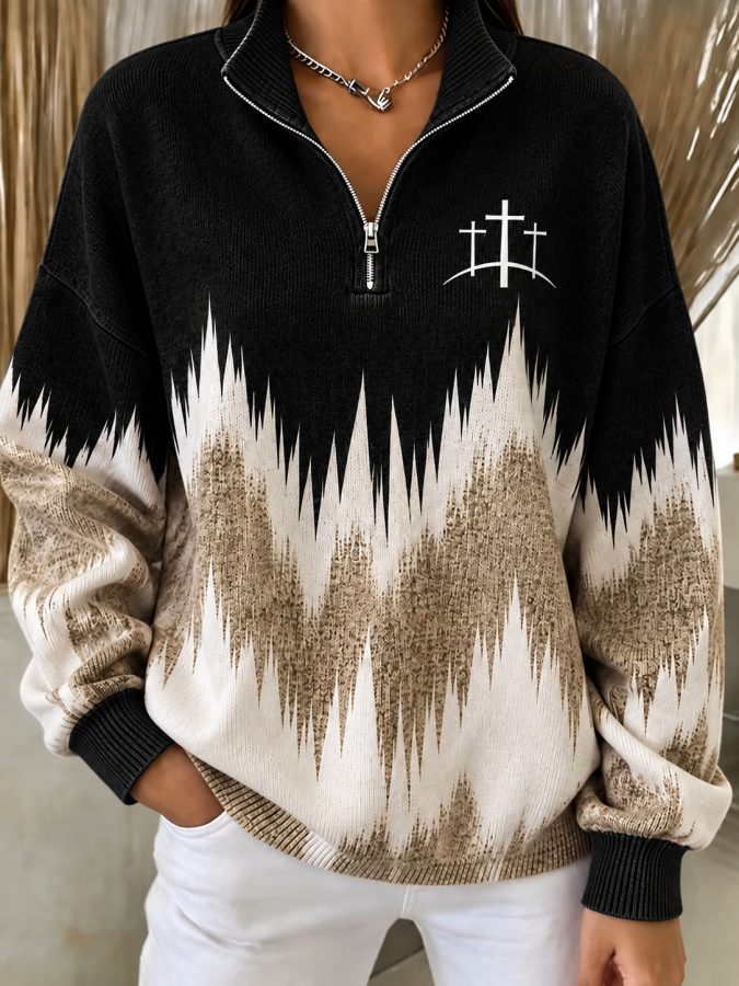 Women'S Geometric Stand-Up Collar Casual Long-Sleeved Sweatshirt For Spring And Autumn