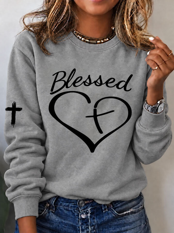 Women's Blessed Heart Cross Printed Sweatshirt
