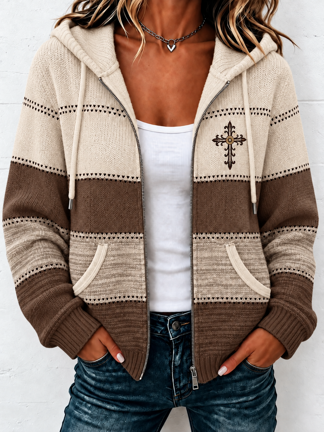 Women'S Casual Striped Faith Hooded Zipper Jacket