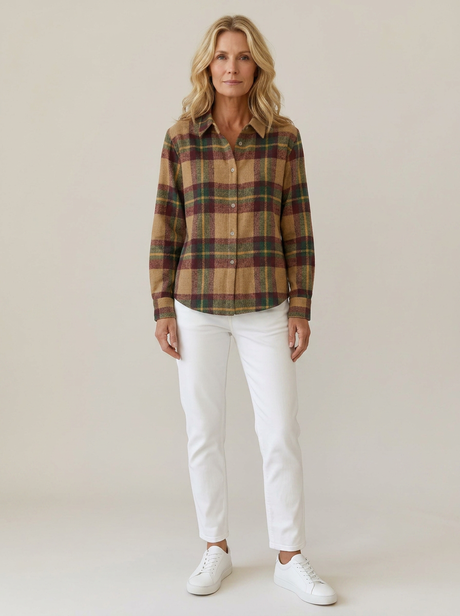 Women's Autumn Fall Plaid Pattern Printed Button-Down Shirt