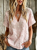 Women's Vintage Cotton-Linen Top with Cross and Floral Pattern
