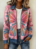 Women's Butterfly-Themed Knit Zipper Jacket