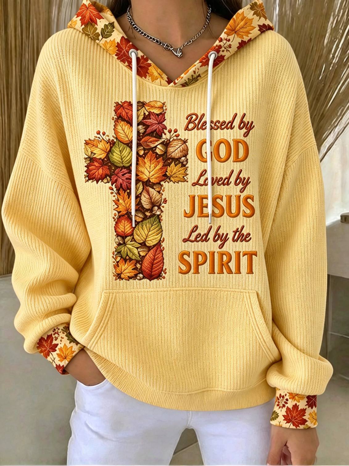 Women's Blessed By God Fall Maple Leaf Cross Print Hoodie