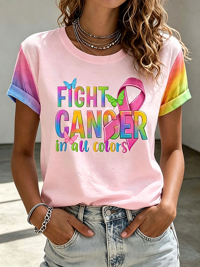 Women'S Pink FIGHT CANCER In All Colors Art Printed Casual T-Shirt