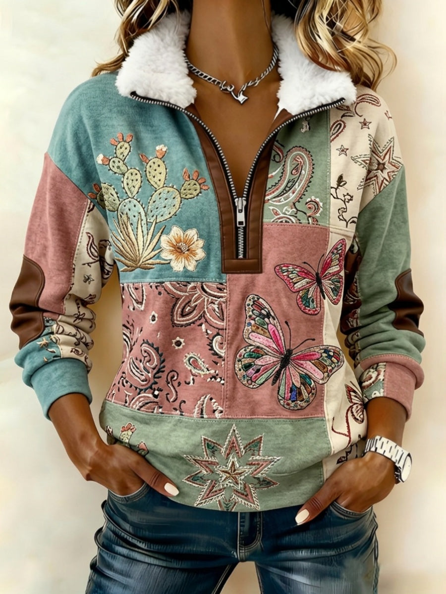 Women's Butterfly & Flower-Themed Fleece-Collar Knit Sweater