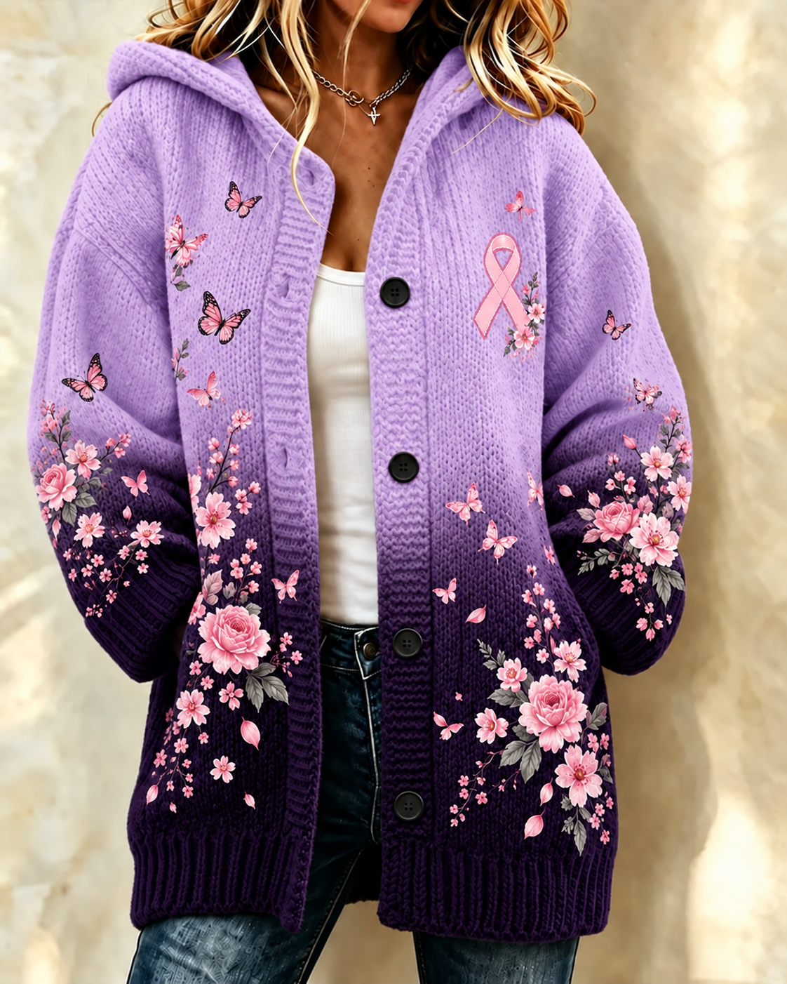 Women'S Plant Pollen Red Breast Cancer Promotion Prevention Printed Casual Cardigan