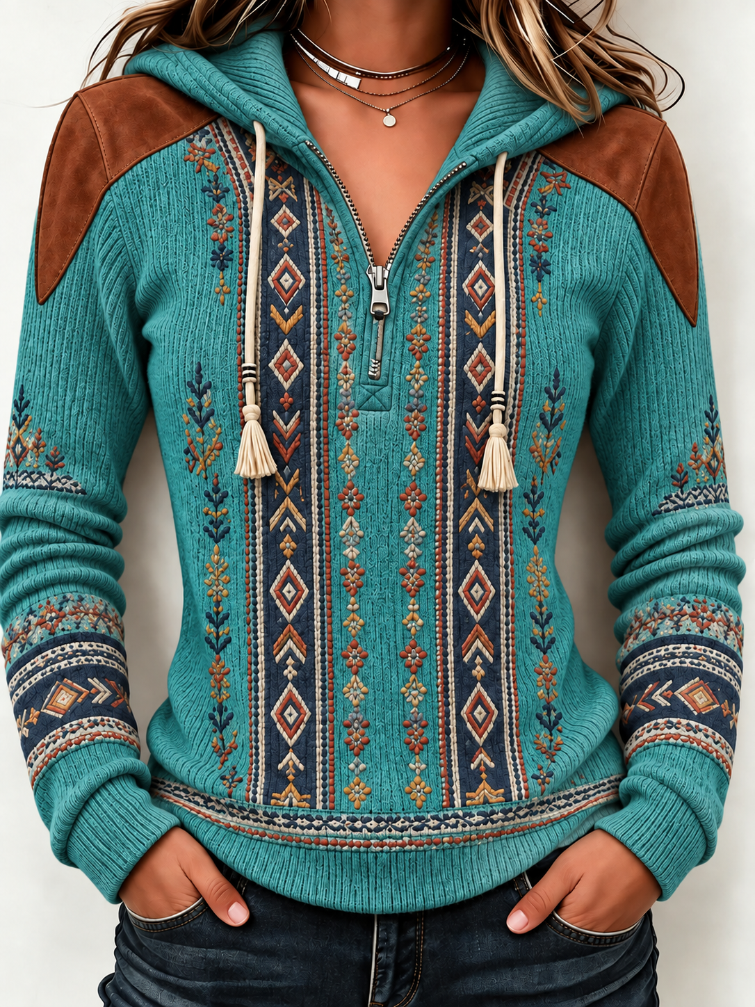 Women'S Retro Western Style Printed Zipper Hoodie