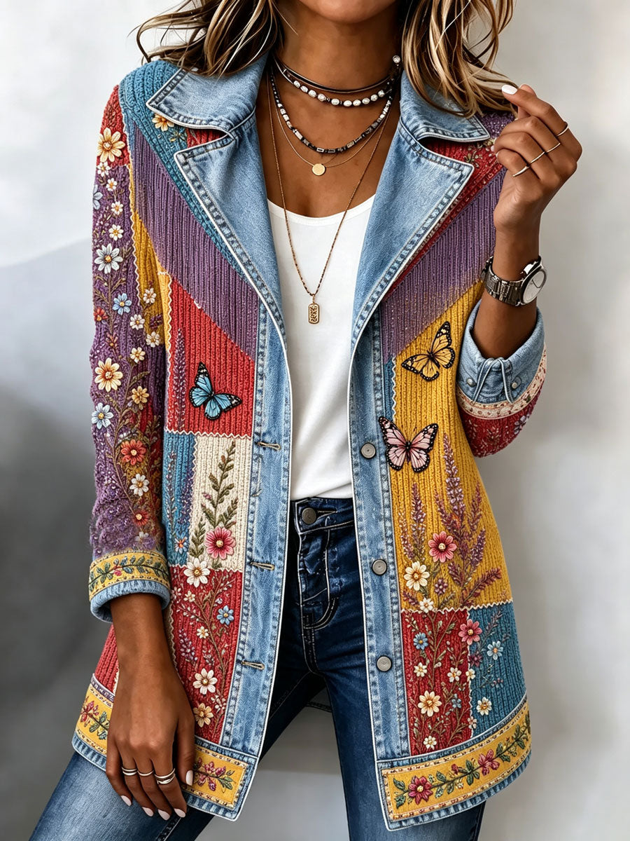 Women's Patchwork Art Denim Collar Jacket